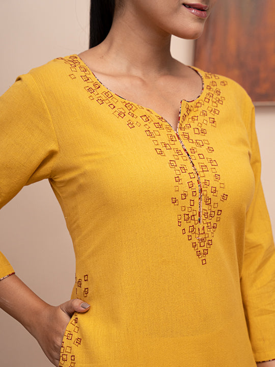 Yellow handloom cotton kashmiri hand  thread embroidered kurta with pockets