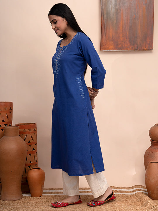 Blue handloom cotton kashmiri hand thread ebroidered kurta with pockets