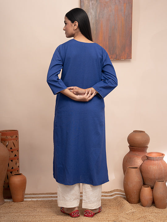 Blue handloom cotton kashmiri hand thread ebroidered kurta with pockets