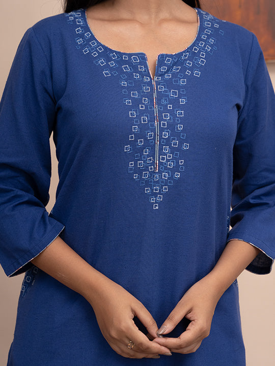 Blue handloom cotton kashmiri hand thread ebroidered kurta with pockets