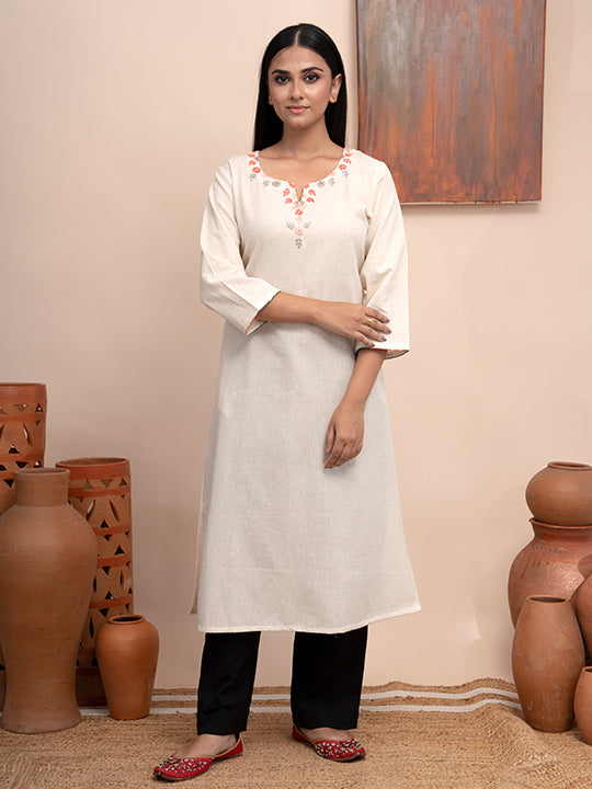 Ivory handloom cotton kurta with  kashimir tana hand embroidery and pockets