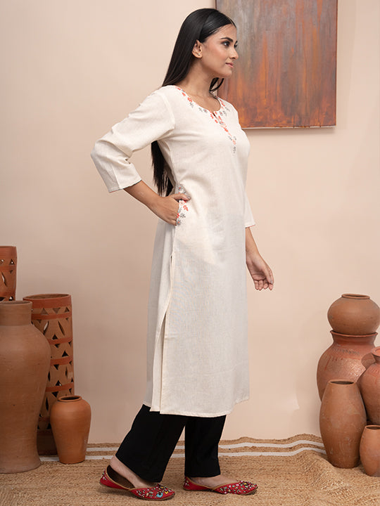 Ivory handloom cotton kurta with  kashimir tana hand embroidery and pockets