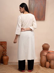 Ivory handloom cotton kurta with  kashimir tana hand embroidery and pockets