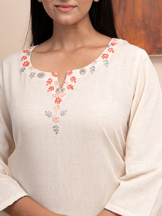 Ivory handloom cotton kurta with  kashimir tana hand embroidery and pockets