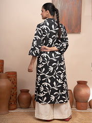 Black and white floral printed reversible collar poplin kurta with pockets and shell buttons