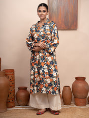 Navy blue floral printed cotton twill reversible collar kurta with pockets and shell buttons