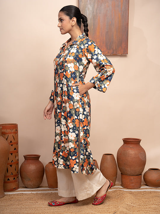 Navy blue floral printed cotton twill reversible collar kurta with pockets and shell buttons