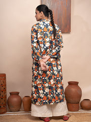 Navy blue floral printed cotton twill reversible collar kurta with pockets and shell buttons