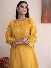 Yellow handloom cotton kurta with  kashimir tilla hand embroidery and pockets