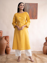 Yellow handloom cotton kurta with  kashimir tilla hand embroidery and pockets