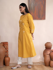 Yellow handloom cotton kurta with  kashimir tilla hand embroidery and pockets