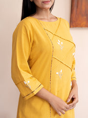 Yellow handloom cotton kurta with  kashimir tilla hand embroidery and pockets