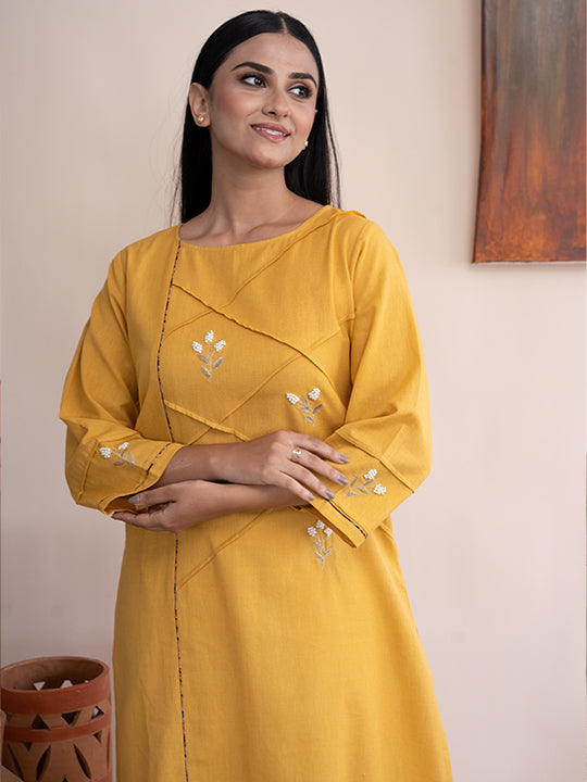 Yellow handloom cotton kurta with  kashimir tilla hand embroidery and pockets