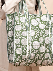 Amazon Green Printed Quilted  Tote Bag with Inner Pocket