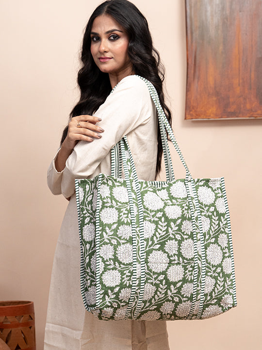 Amazon Green Printed Quilted  Tote Bag with Inner Pocket