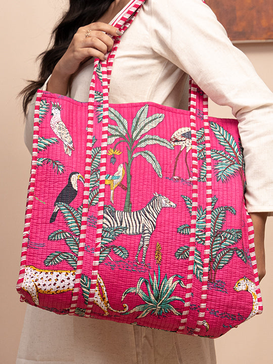 Safari Pink Printed Quilted  Tote Bag with Inner Pocket