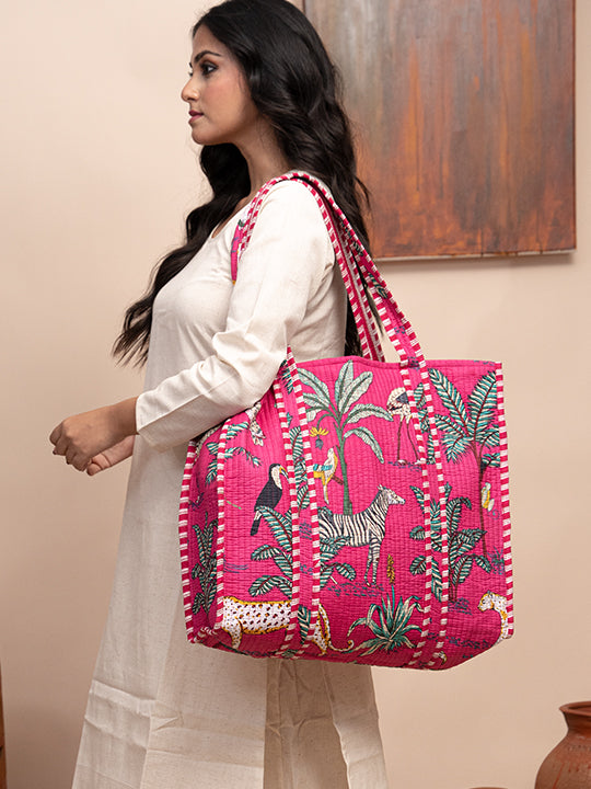 Safari Pink Printed Quilted  Tote Bag with Inner Pocket