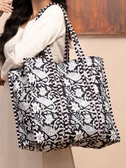 Ebony Floral Printed Quilted  Tote Bag with Inner Pocket