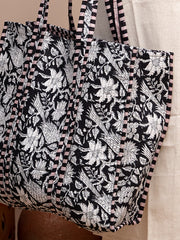 Ebony Floral Printed Quilted  Tote Bag with Inner Pocket