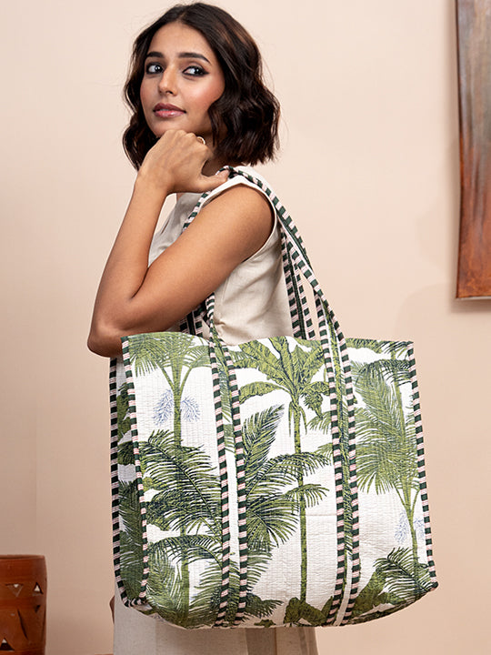 Green Oriental Printed Quilted  Tote Bag with Inner Pocket