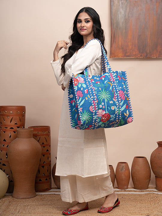 Azure Botanical Printed Quilted  Tote Bag with Inner Pocket