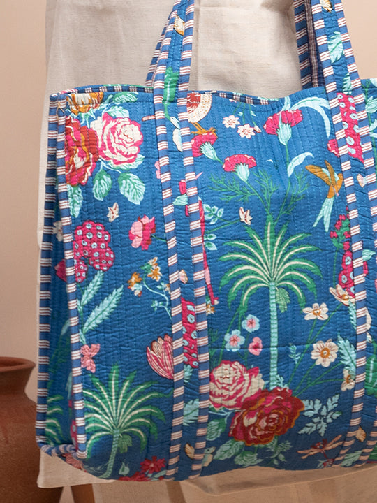 Azure Botanical Printed Quilted  Tote Bag with Inner Pocket