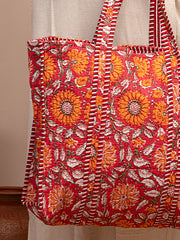 Scarlet Floral Printed Quilted  Tote Bag with Inner Pocket