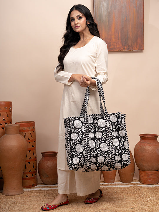 Gothic Blooms Printed Quilted  Tote Bag with Inner Pocket