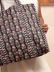 Black Rose Printed Quilted  Tote Bag with Inner Pocket