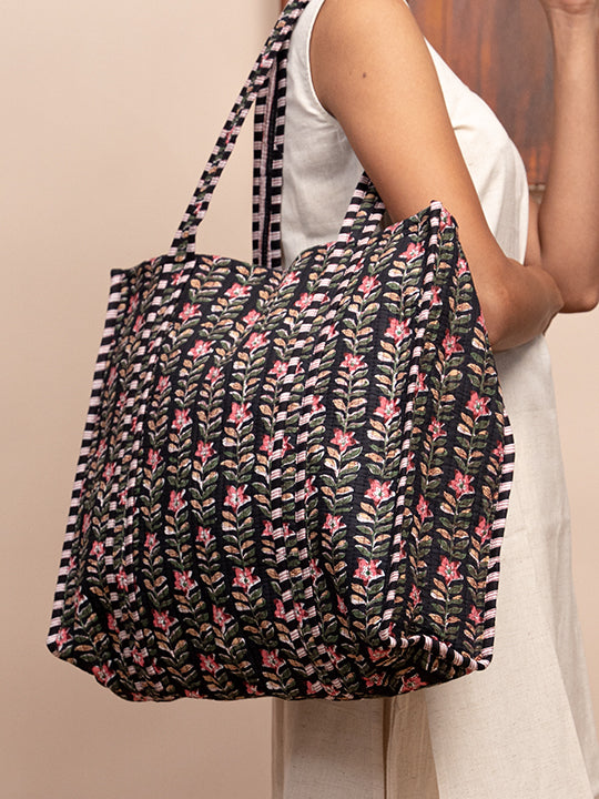 Black Rose Printed Quilted  Tote Bag with Inner Pocket