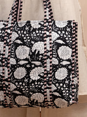 Charcoal Blooms Printed Quilted  Tote Bag with Inner Pocket