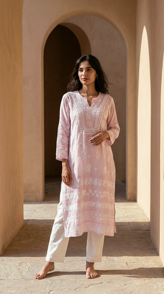 Dusty Pink Chikankari Cotton Silk Kurti
