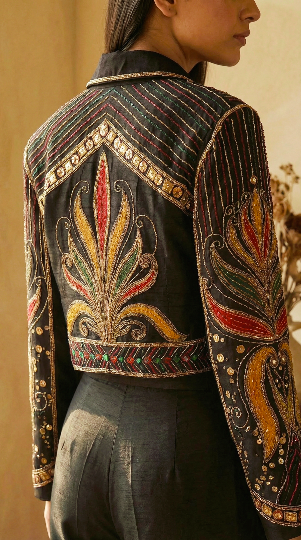 Black Sharara Set with Hand-Worked Crewel Jacket