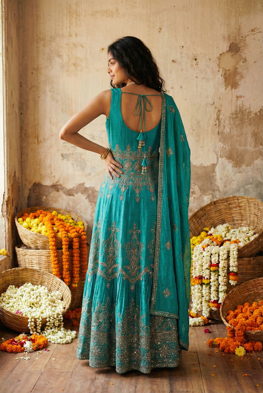 Green Heavily Embroidered Anarkali Set with Dupatta