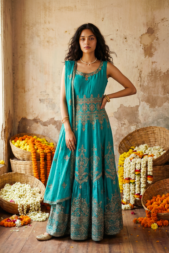 Green Heavily Embroidered Anarkali Set with Dupatta