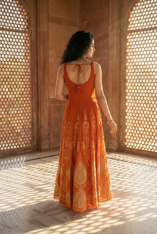 Jessica Orange Embroidered Anarkali with Sweetheart Neckline