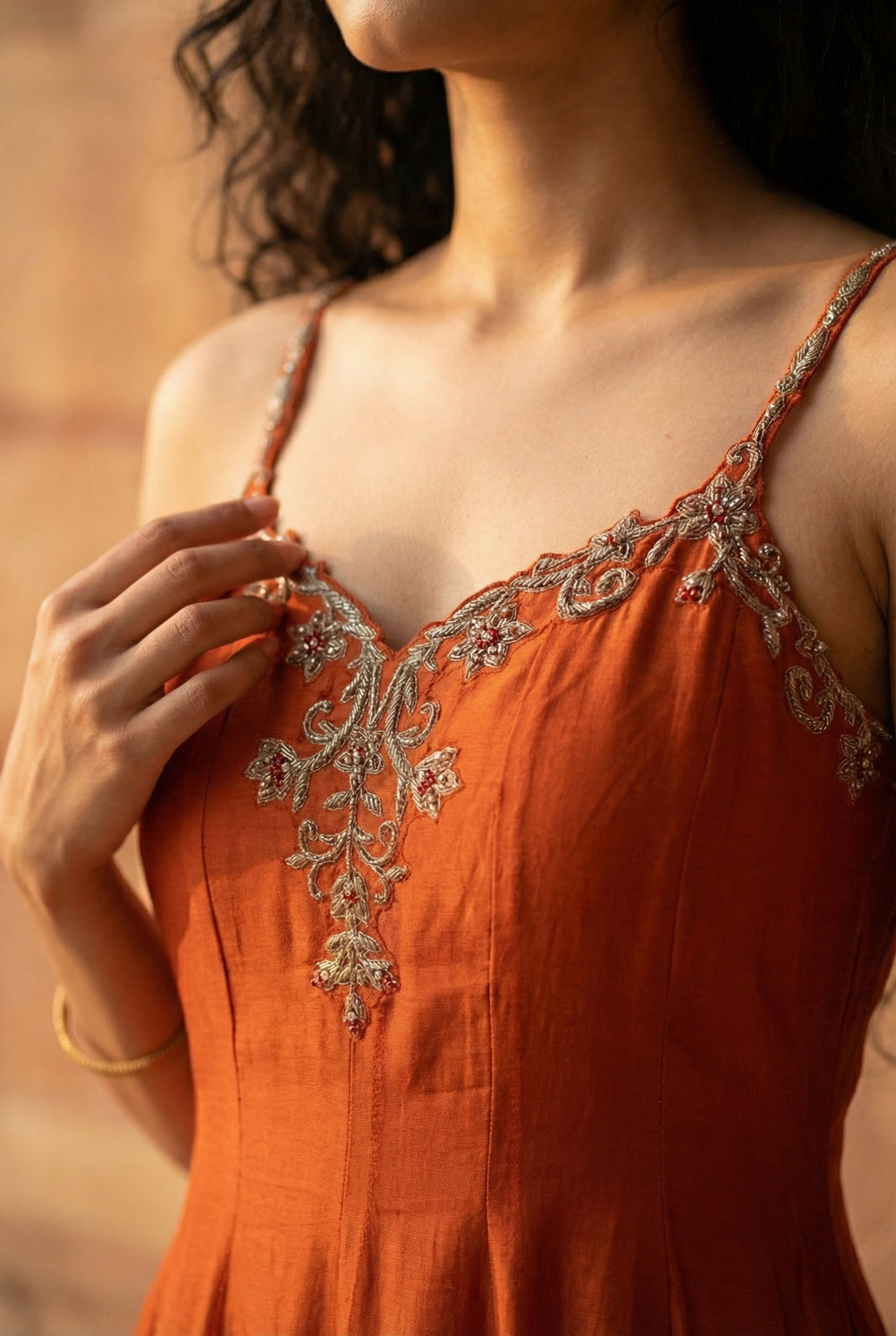 Jessica Orange Embroidered Anarkali with Sweetheart Neckline