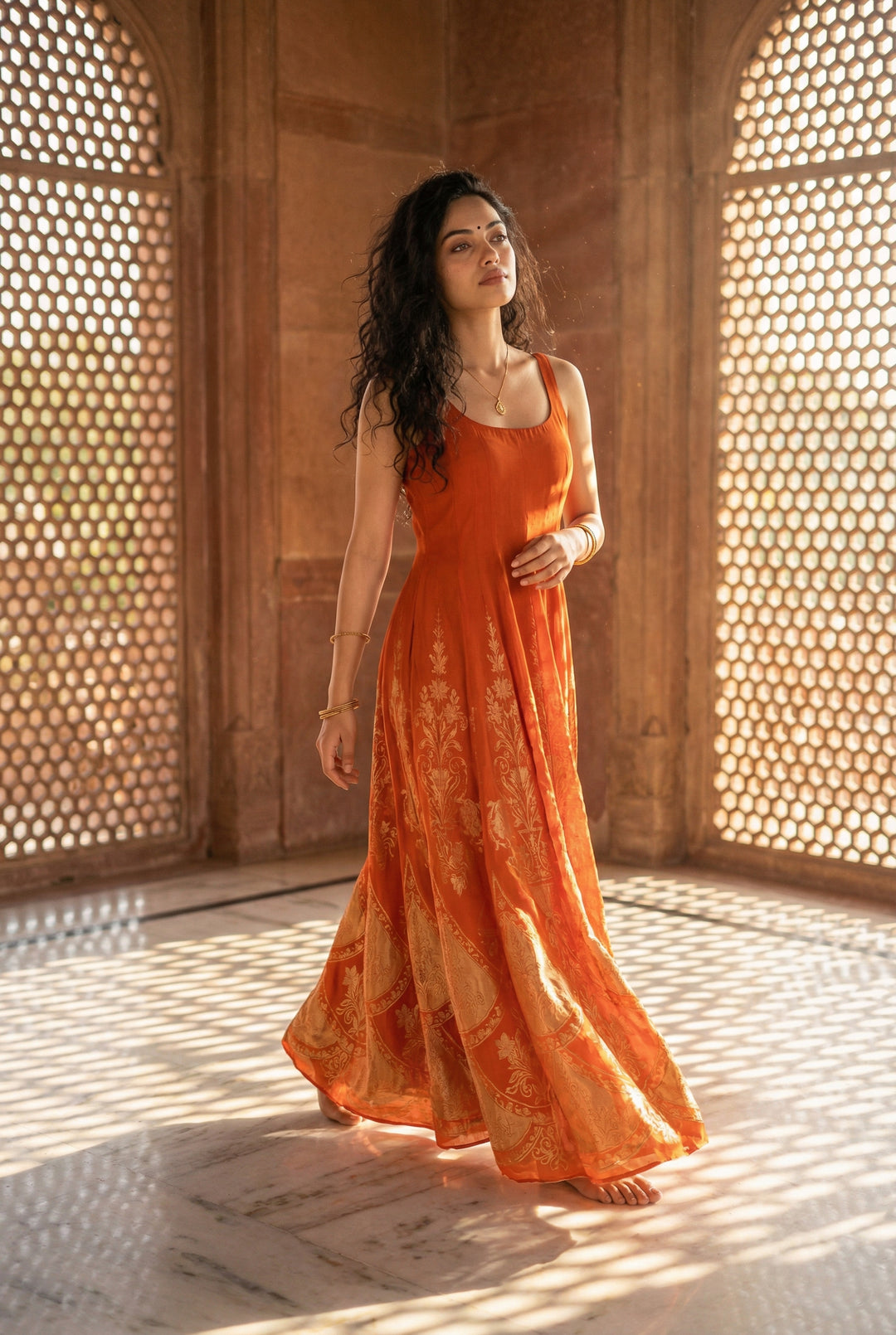 Jessica Orange Embroidered Anarkali with Sweetheart Neckline