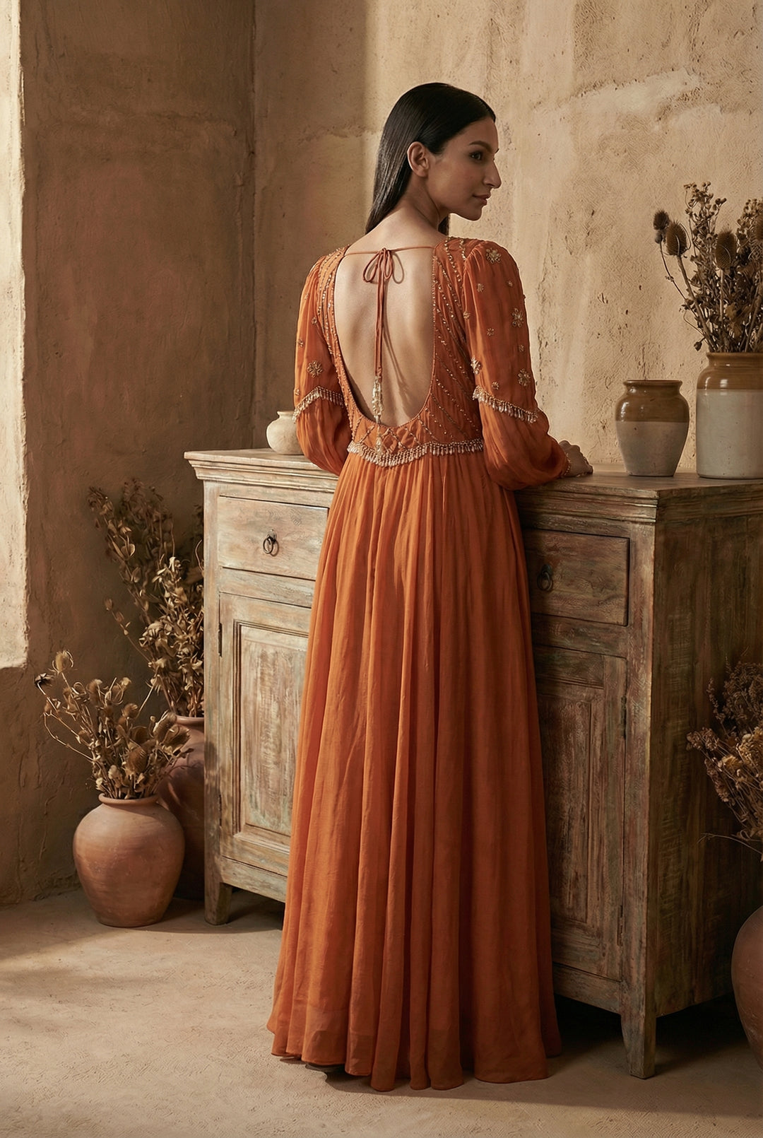 Rust Embellished Anarkali Suit Set