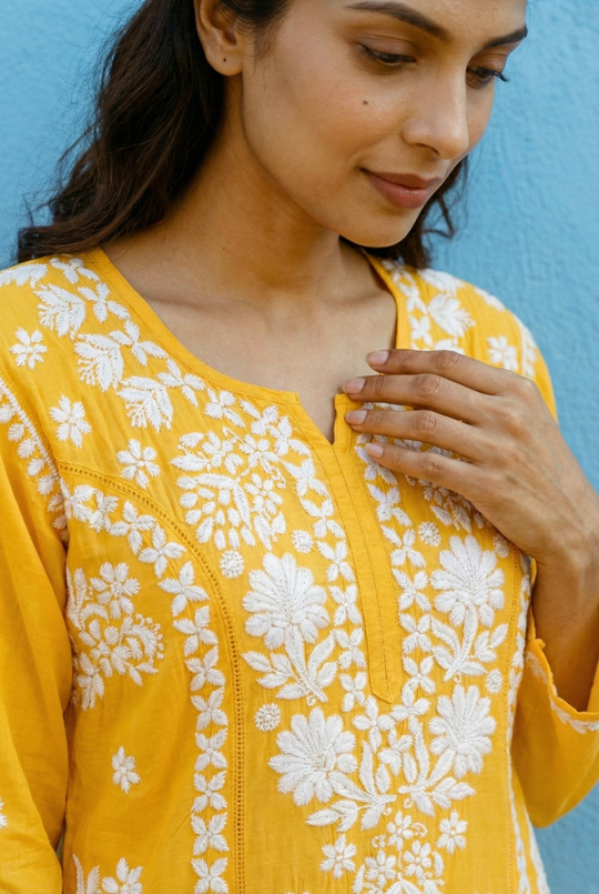 Mustard Yellow Chikankari Kurti