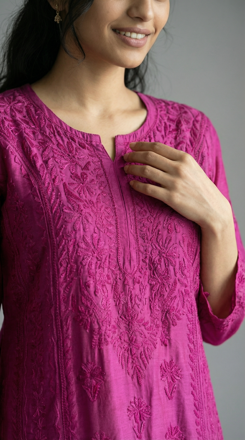 Dark Magenta Chikankari Cotton Silk Kurti