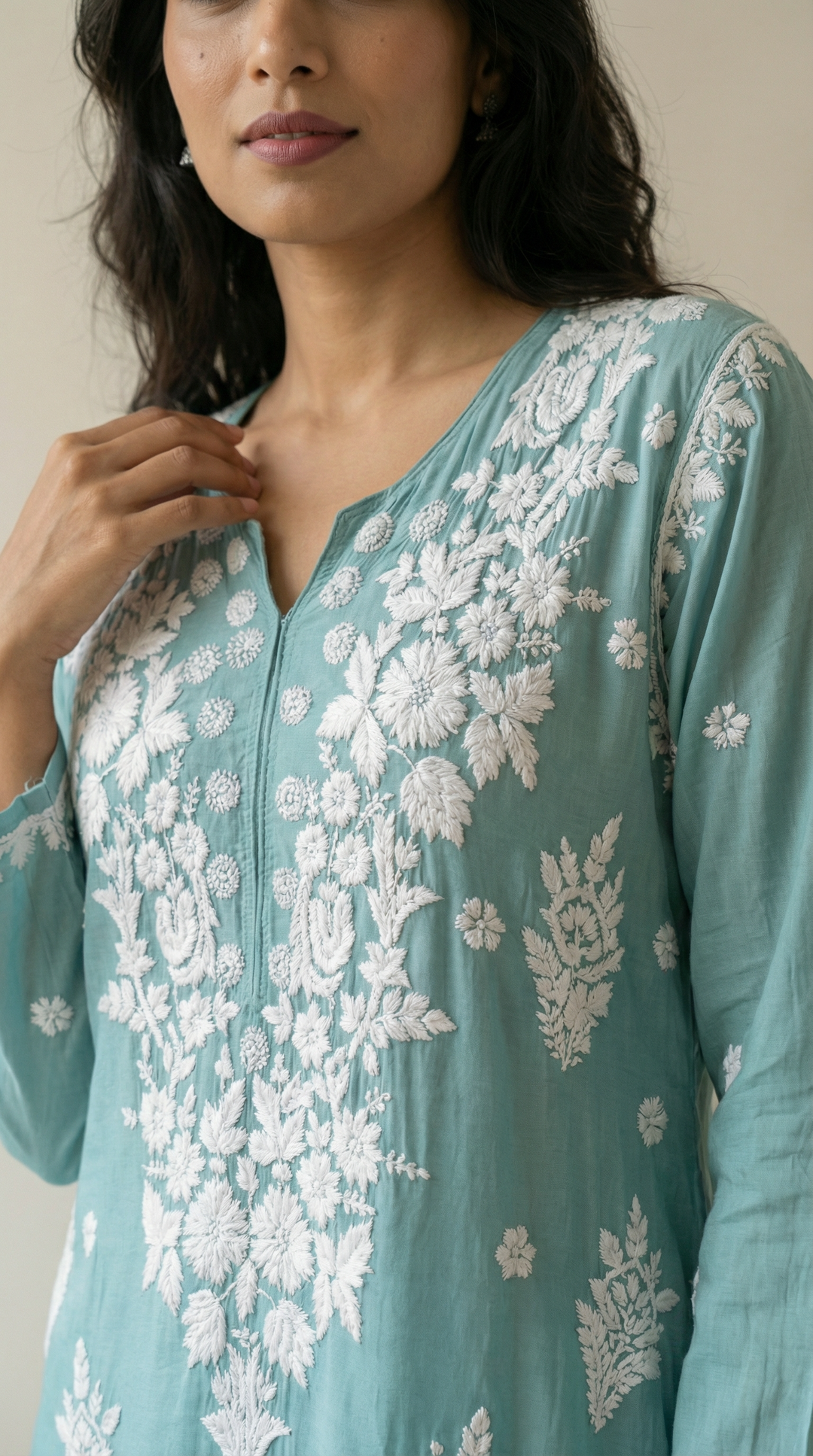 Light Teal Chikankari Cotton Silk Kurti