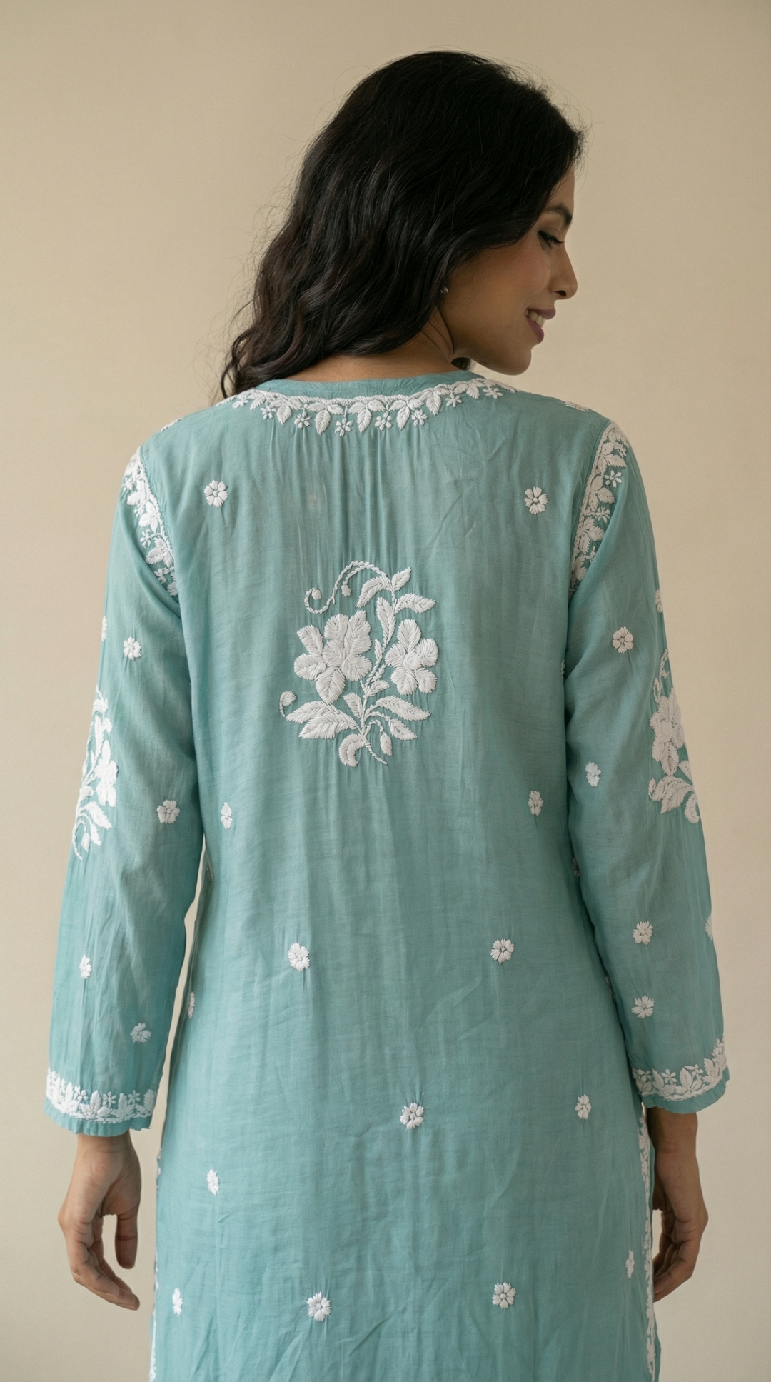 Light Teal Chikankari Cotton Silk Kurti