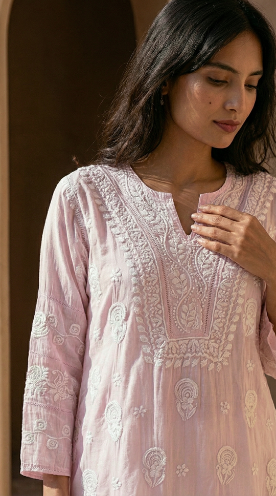 Dusty Pink Chikankari Cotton Silk Kurti
