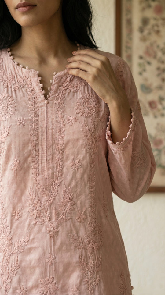 Dusty Peach Chikankari Cotton Silk Kurti