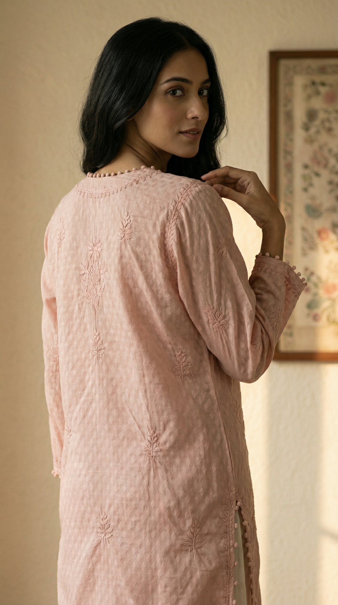 Dusty Peach Chikankari Cotton Silk Kurti