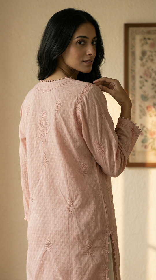 Dusty Peach Chikankari Cotton Silk Kurti