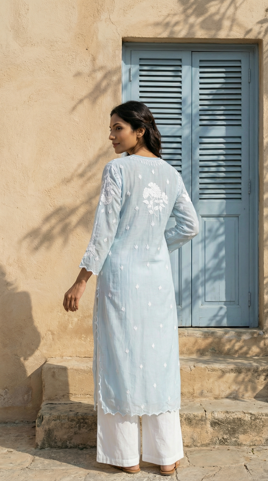 Ice Blue Chikankari Cotton Silk Kurti