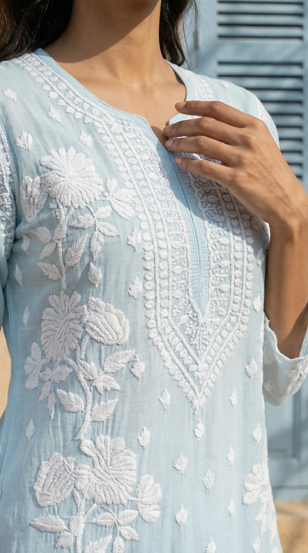 Ice Blue Chikankari Cotton Silk Kurti