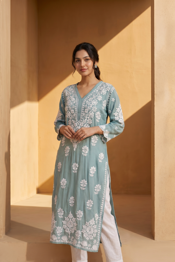 Sea-green chikankari kurti